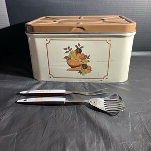 Vintage Bread Box in Cream and Brown Colors  Tin Storage Box